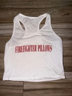 White Racerback Crop Tank with Red 'Firefighter Pillows' Print